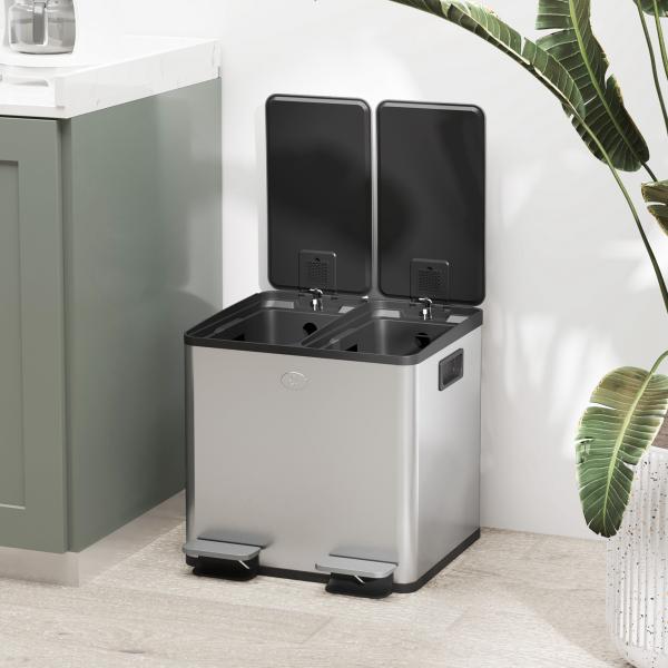 Balde de Lixo de Cozinha com 2 Compartimentos 2x15L Pedal Tampa de Fechamento Suave e Cubo Amovível Prata