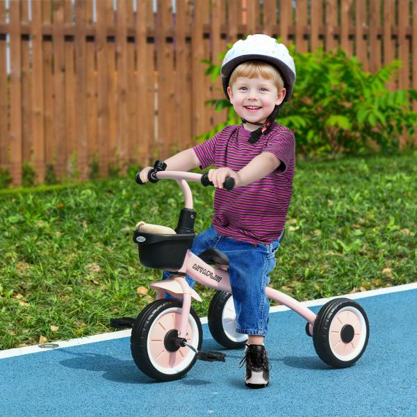 Triciclo para Crianças de 2 a 5 anos com Assento Ajustável Cesta Buzina e Pedais e 3 Rodas 70,5x53x58 cm Rosa