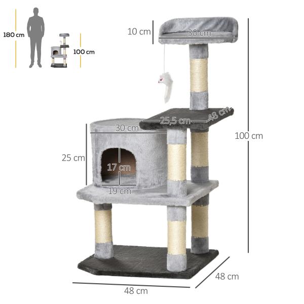 Árvore para gatos Arranhador Grande com Plataformas para Brincar coberta de Pelucía Cinza 48x48x100 cm
