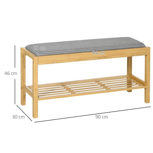 Banco Sapateira de Bambu com Assento Estofado para 3 Pares de Sapatos e Prateleira de 90x30x46 cm Madeira