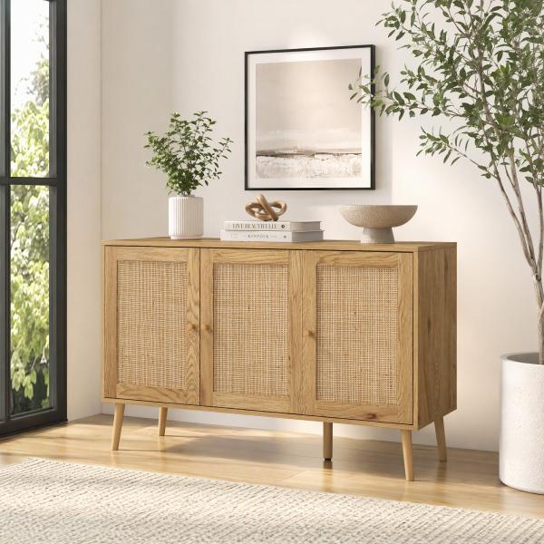Aparador para Sala de Estar com 3 Portas em Vime Aparador Estilo Boémio, com Prateleiras Ajustáveis 120x40x75 cm Madeira