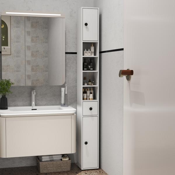 Coluna Casa de Banho Moderna com 1 Gaveta 5 Prateleiras Ajustáveis e 2 Armários 20x20x180 cm Branco
