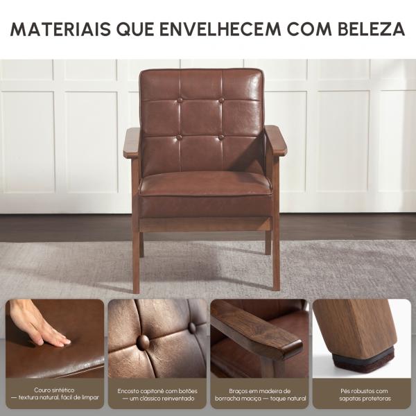 Poltrona Sala de Estar Estofada em PU com Apoio para os Braços e Estrutura de Madeira de Borracha 64x66x80 cm Marrom