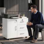 Móvel para Impressora com Rodas, Mesa com Porta e 3 Gavetas, Fechaduras, Prateleira Ajustável, Branco