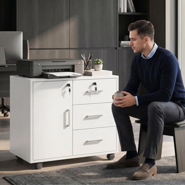 Móvel para Impressora com Rodas, Mesa com Porta e 3 Gavetas, Fechaduras, Prateleira Ajustável, Branco