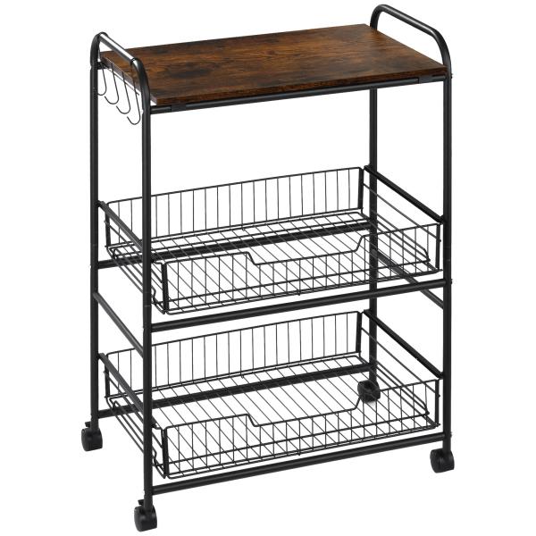 Carrinho de Cozinha com Rodas Carrinho Auxiliar de 3 Níveis com 2 Cestas e 4 Ganchos 60x38x85,5 cm Castanho Rústico