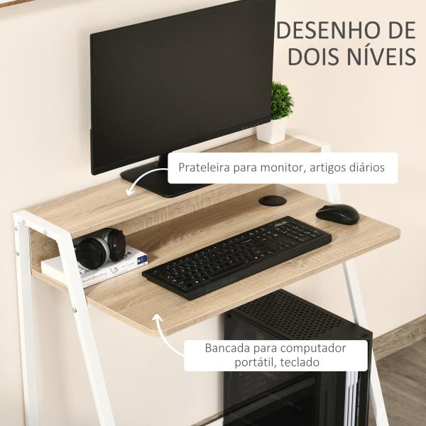 Secretária Mesa de Computador 84x45x85cm com Bancada de Madeira e Pés de Metal Estilo Moderno Carvalho e Branco