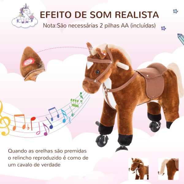 Cavalo para Crianças acima de 36 Meses com Rodas Sons de Relincho e Pedais Carga 60 kg 55x23x60 cm Marrom