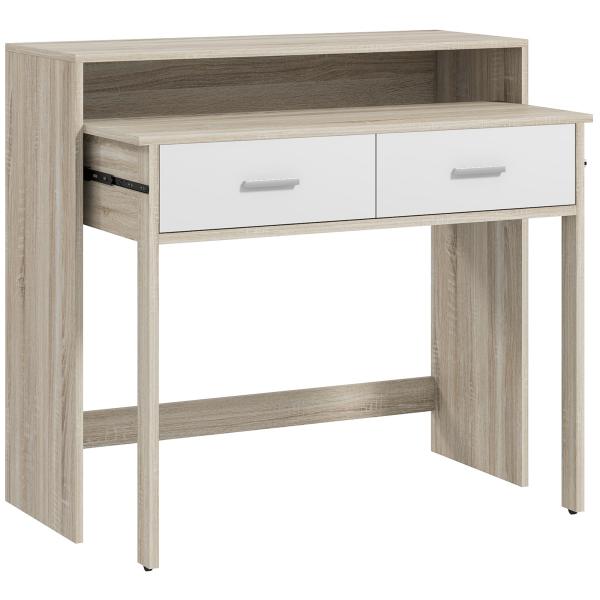 Mesa Consola de Entrada de 2 Níveis com Trilhos Deslizantes 2 Gavetas 2 Rodas Móvel de Entrada 95x35x87 cm Madeira e Branco