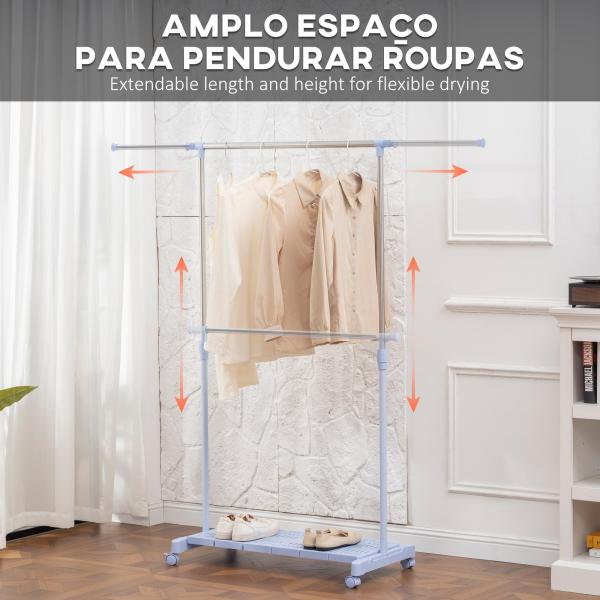 Charriot com Rodas com Barra de Aço Inoxidável e Prateleira para Sapatos Altura Ajustável 94 - 159x42x93 - 168 cm Azul