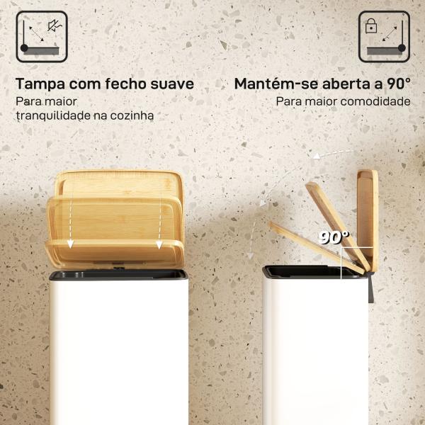Balde de Lixo de Cozinha com Pedal 20L Tampa de Bambu com Fecho Suave 29,5x29,5x56,8 cm Branco e Madeira