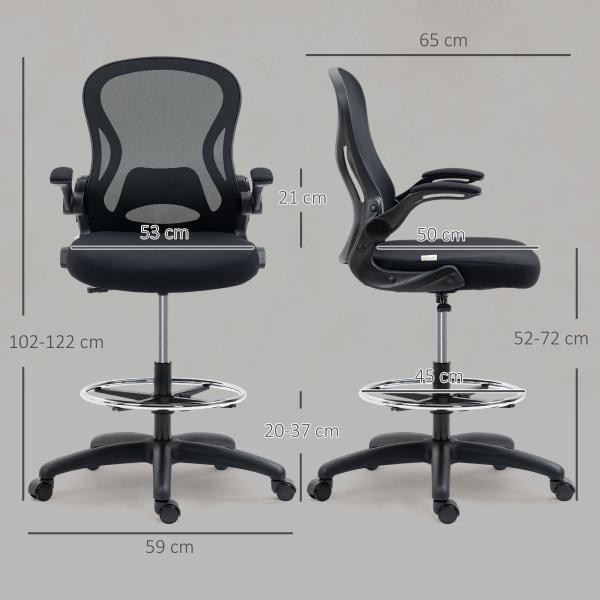Cadeira de Escritório com Suporte Lombar Apoio para os Braços Dobrável e Altura Ajustável 59x65x102 - 122 cm Preto