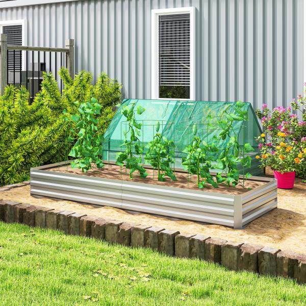 Floreira Exterior Grande Retangular em Aço Galvanizado para Terraço com Fundo Aberto 241x90,5x30 cm Prata