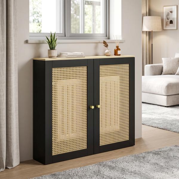 Cobertura para Radiador com 2 Portas em Rotim para Sala de Estar e Quarto 78x19x75 cm Preta
