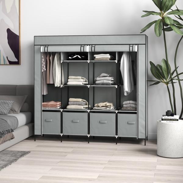 Roupeiro de Tecido com 10 Compartimentos 2 Trilhos Suspensos e 4 Gavetas de Tecido 166x42,5x169,5 cm Cinza Escuro