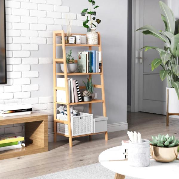 Estante de Bambu com 4 Prateleiras Estante em Forma de Escada para Sala de Estar Escritório 48x31,5x120 cm Madeira