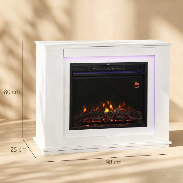 Lareira Elétrica com Efeito de Chama de 5 Níveis de Brilho e 12 Cores Decorativa 1000/2000W Temporizador para 30 m² 98x25x80 cm Branco