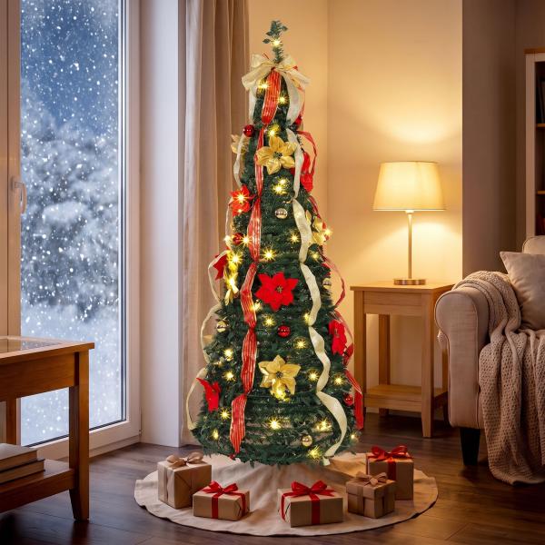 Árvore de Natal Desdobrável 180 cm com 100 Luzes LED, 11 Modos, Comando à Distância e Decoração Incluída, Verde