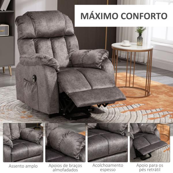 Poltrona Levanta Pessoas Estofada em Veludo com Reclinação Elétrica 135° e Apoio para os Pés 83x91x100 cm Cinza