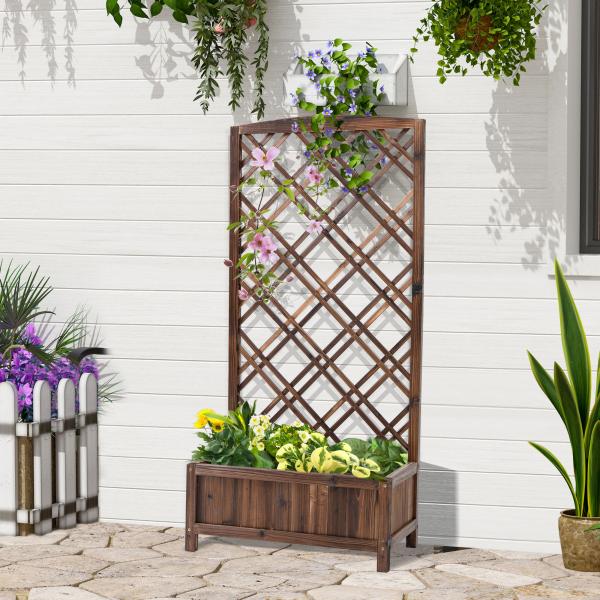 Floreira com Treliça de Madeira Caixa de Plantio com Suporte para Plantas Trepadeiras 60x30x122,5cm Marrom
