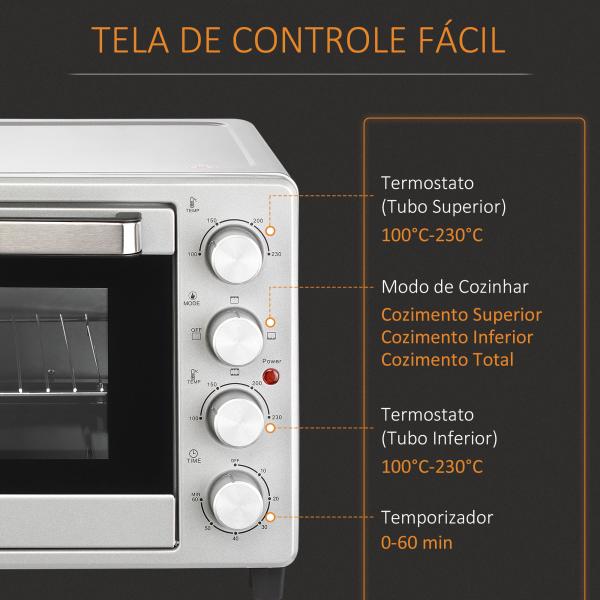 Mini Forno 32L 16000 com 3 Modos de Aquecimento Temperatura até 230 °C Temporizador 52,2x38,1x33,5 cm Prata