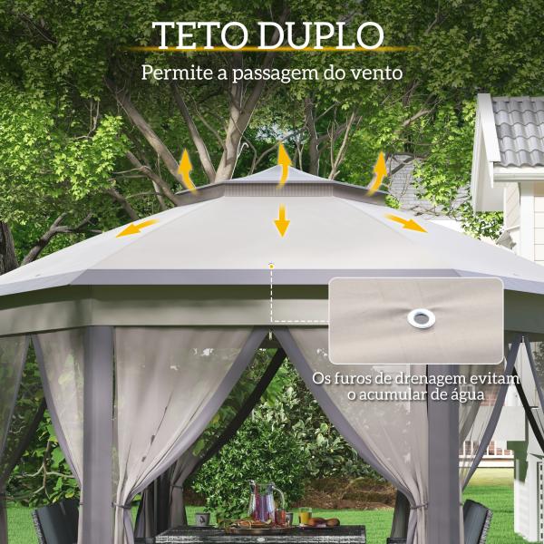 Tenda Dobrável 4x3,4 m Hexagonal com Duplo Teto 6 Mosquiteiras Destacáveis e Saco de Transporte Castanho e Bege
