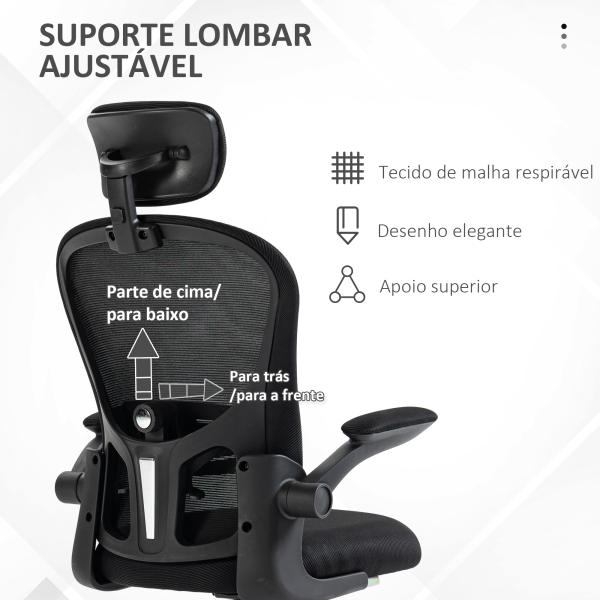 Cadeira de Escritório Basculante com Encosto Alto Apoio para a Cabeça Ajustável e Suporte Lombar 62x64x112 - 120 cm Preto