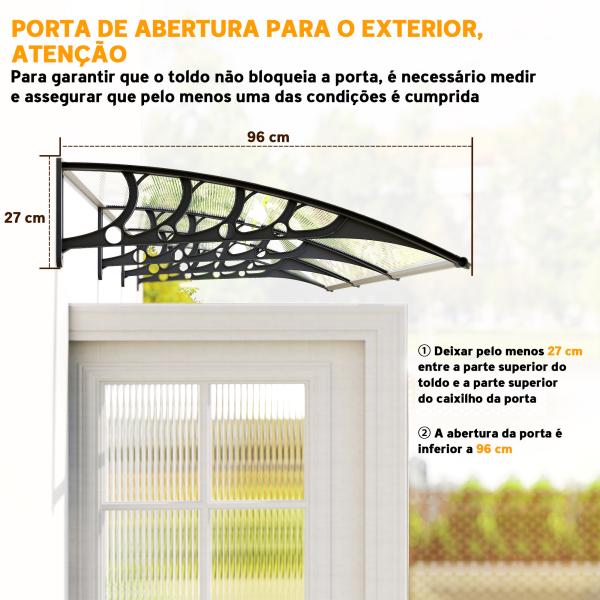Marquise de Proteção 303x96 cm Marquise Exterior para Portas e Janelas com Suporte Liga de Alumínio Policarbonato Transparente