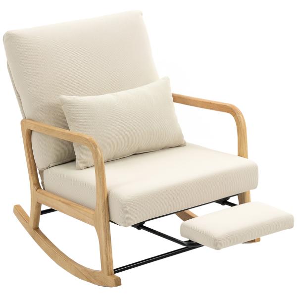 Poltrona Baloiço com Encosto Ajustável de Veludo Cotelê Nórdica Pés de Madeira Braços Almofada Lombar 70x89x97,5 cm Creme