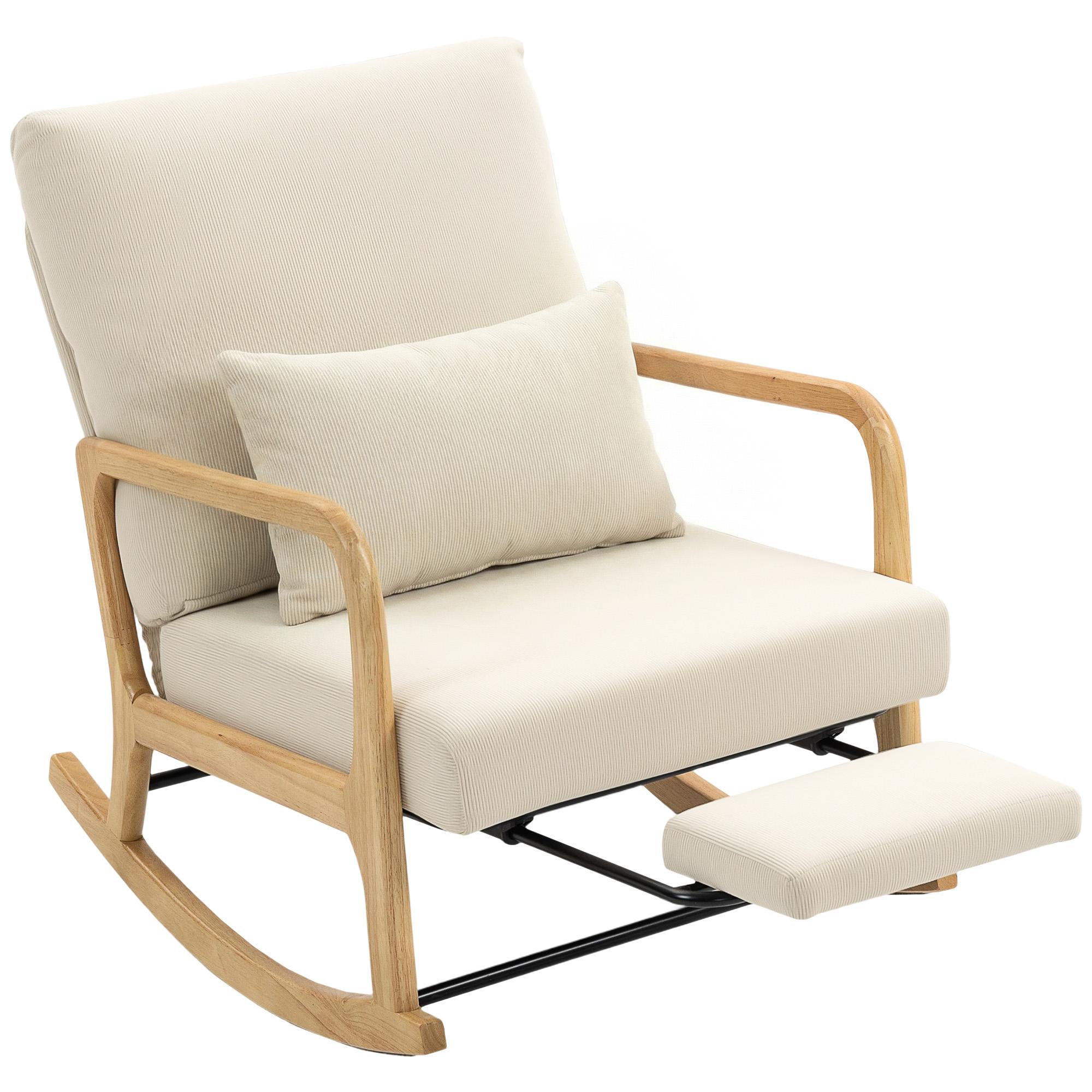 Poltrona Baloiço com Encosto Ajustável de Veludo Cotelê Nórdica Pés de Madeira Braços Almofada Lombar 70x89x97,5 cm Creme