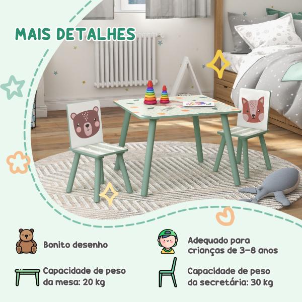 Conjunto de Mesa e Cadeiras para Crianças de 3 Peças Mesa Infantil com 2 Cadeiras Conjunto de Móveis para Atividades Verde