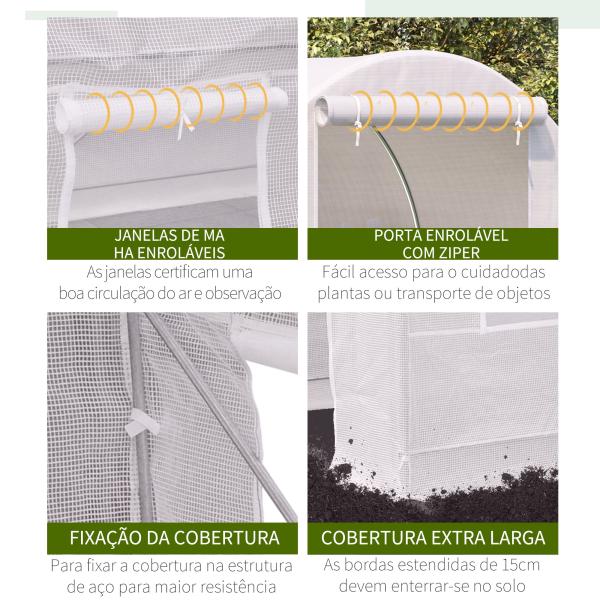 Estufa Tipo Túnel 245x200x200cm com Portas Enroláveis e 4 Janelas Cobertura de PE Estrutura de Metal Branco