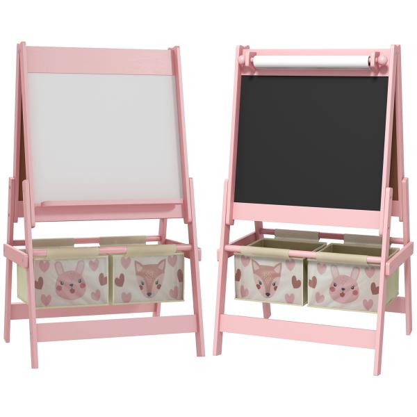 Cavalete para Crianças 3 em 1 Cavalete de Arte com Rolo de Papel Quadro e 2 Cestas de Armazenamento 54x46,5x93 cm Rosa