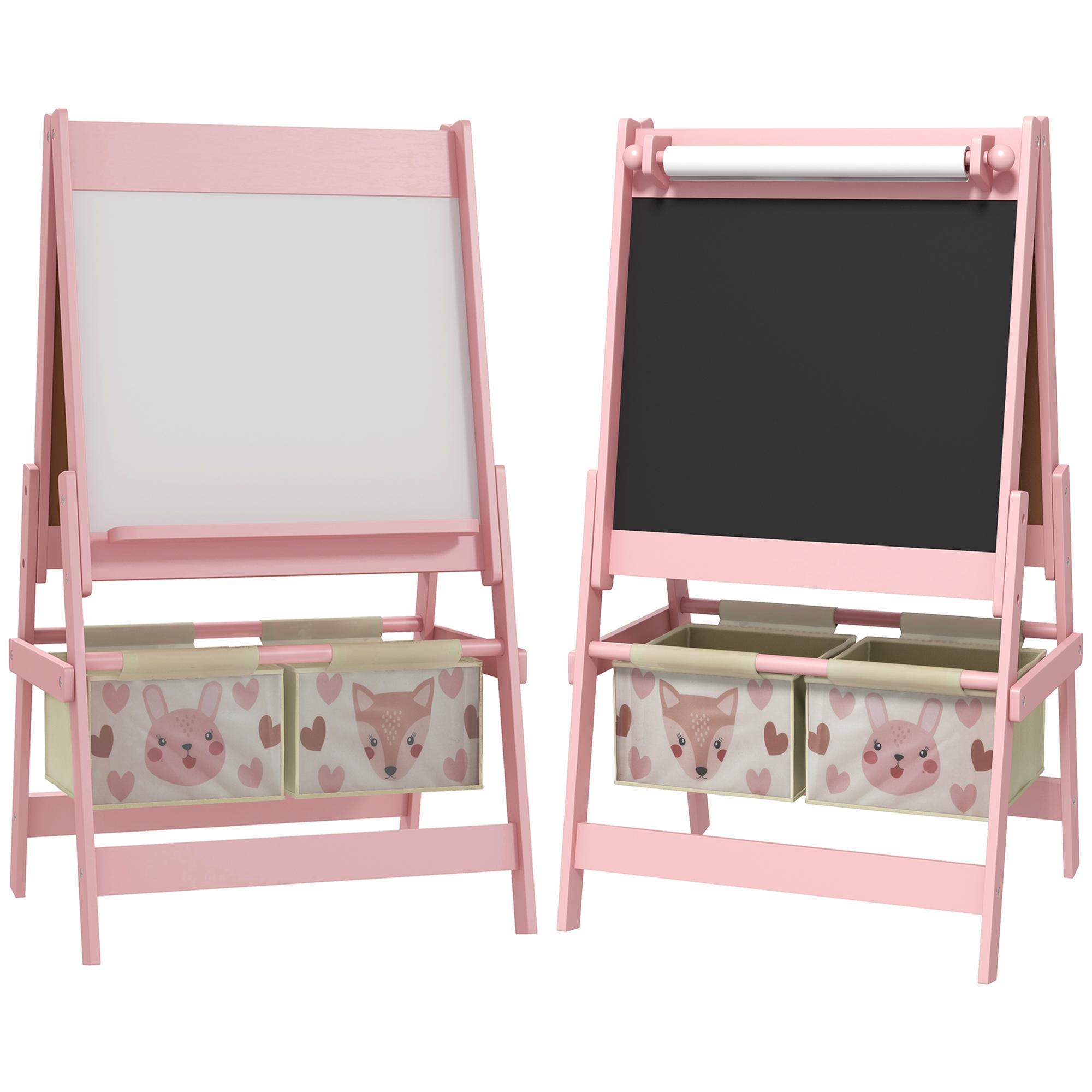Cavalete para Crianças 3 em 1 Cavalete de Arte com Rolo de Papel Quadro e 2 Cestas de Armazenamento 54x46,5x93 cm Rosa