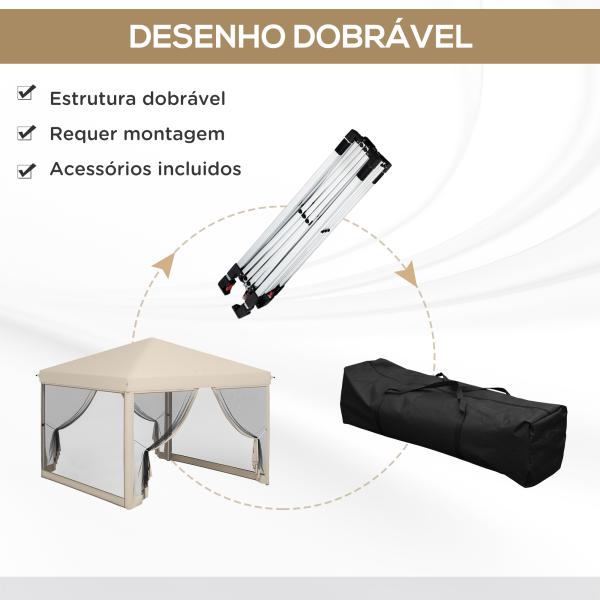 Tenda Dobrável 3x3 para Exterior com Mosquiteiras Bolsa de Transporte Estrutura de Aço e Tecido Oxford Resistente Bege