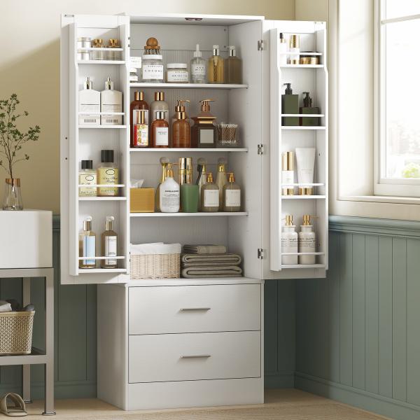 Armário Despenseiro de Cozinha com 2 Portas, 8 Prateleiras na Porta, 2 Gavetas e Prateleiras Ajustáveis, 60x40x159 cm, Branco