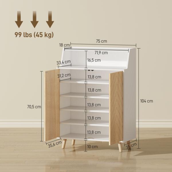 Sapateira para Entrada com Prateleiras Ajustáveis para 15 Pares de Sapatos 75x35x104 cm Branco e Madeira