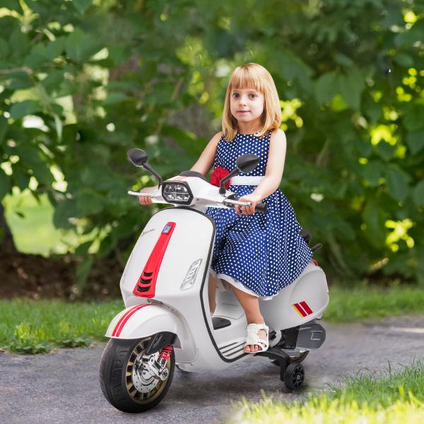 Moto Elétrica para Crianças de 3 - 6 Anos com Licença Vespa com USB MP3 Luz LED Rádio FM Velocidade 3 km/h Carga 35 kg Branco