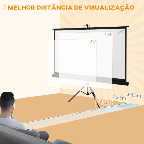 Tela de Projeção Manual com Suporte 100 Polegadas Portátil Formato 16:9 com Altura Ajustável 235,8x8x136 cm Branco e Preto