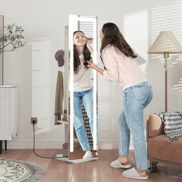 Espelho para Jóias com Luzes LED Espelho de Corpo Inteiro Rotativo 360° Prateleiras Abertas Barras para Pendurar Branco