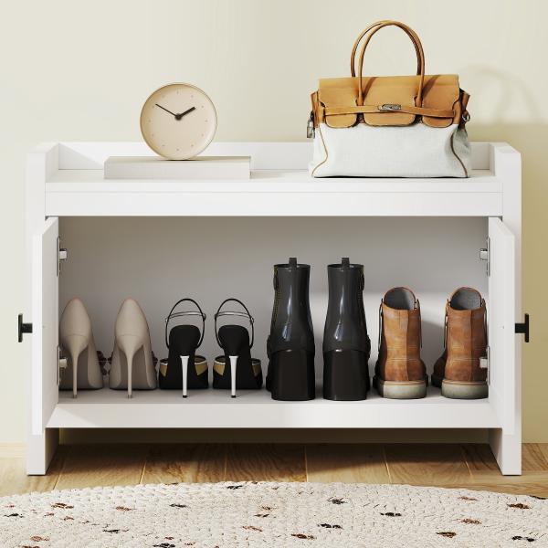 Banco Sapateira com Portas Frentes de Vime Prateleira para 8 Pares de Sapatos para Entrada Dormitório 80x35x52 cm Branco