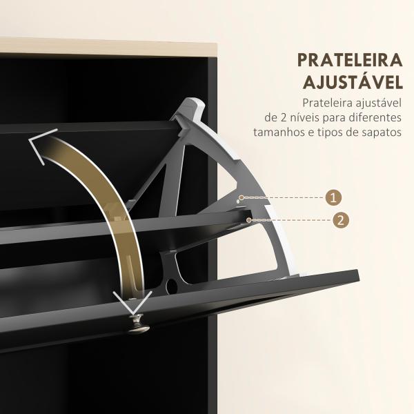 Móvel Sapateira de Entrada com 3 Gavetas Basculantes e Prateleiras Ajustáveis para 18 Pares de Sapatos 60x23,5x115 cm Preto
