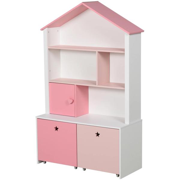 Estante de Madeira Infantil Estante de Livros para Crianças com 4 Compartimentos 1 Porta e 2 Gavetas Removíveis com Rodas para Livros Brinquedos 80x34x130cm Rosa e Branco