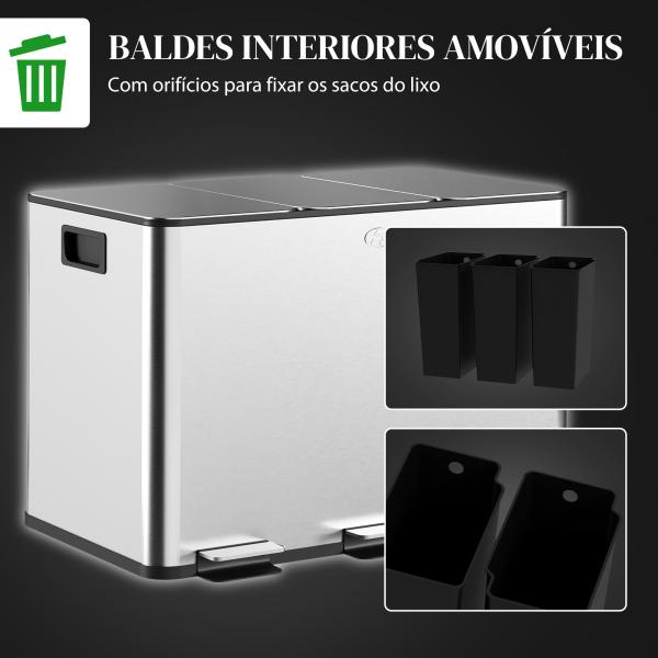 Balde de Lixo de Cozinha com 3 Compartimentos 3x10L com Pedais Tampas com Fechamento Suave e Cubo Amovível Prata