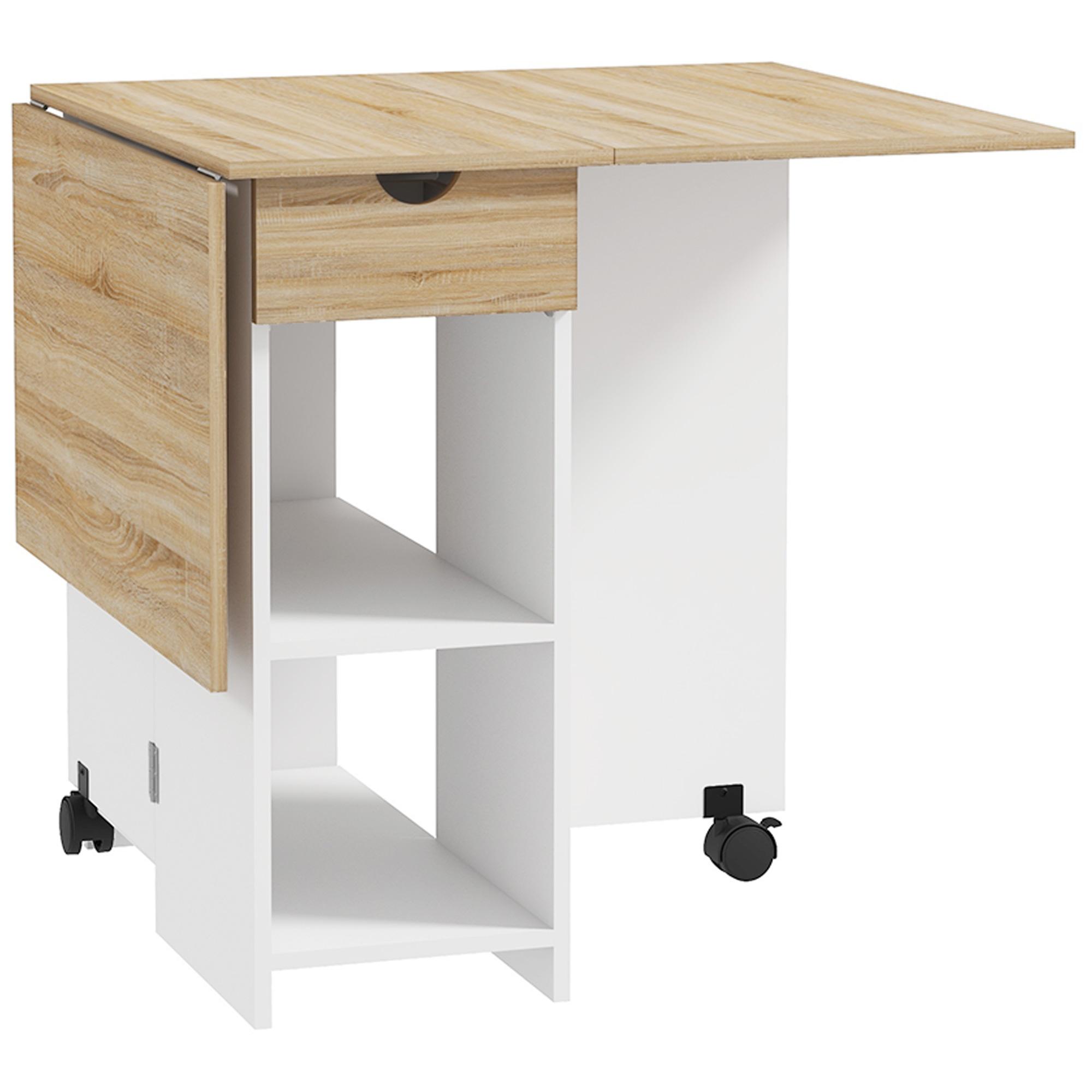 Mesa de Cozinha Dobrável com Rodas Laterais Rebatíveis Gaveta e Prateleiras para 2 - 4 Pessoas 120x72x75 cm Madeira Branco