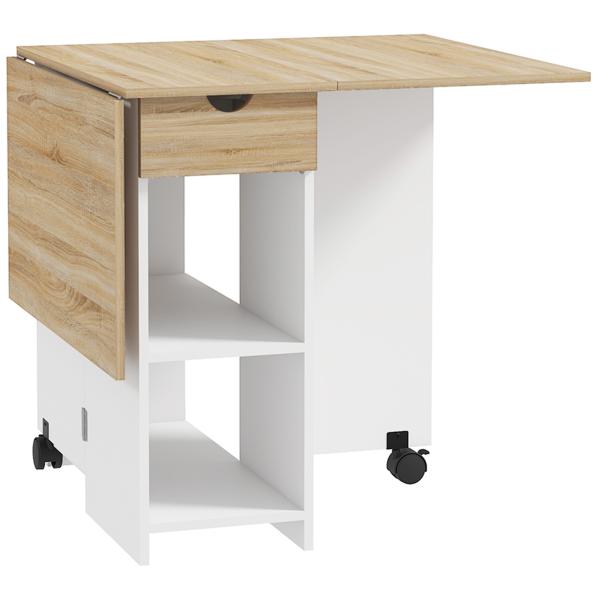 Mesa de Cozinha Dobrável com Rodas Laterais Rebatíveis Gaveta e Prateleiras para 2 - 4 Pessoas 120x72x75 cm Madeira Branco