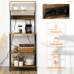 Estante de Cozinha Móvel Auxiliar de Cozinha com Ficha 2 Carregadores USB Ganchos e Prateleira Ajustável 60x42x153 cm Castanho Rústico