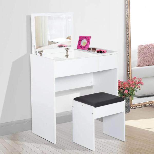 Toucador de Maquilhagem com Branco e Tampa Dobrável Mesa de Maquilhagem com Compartimentos e Gaveta 80x40x79cm Branco