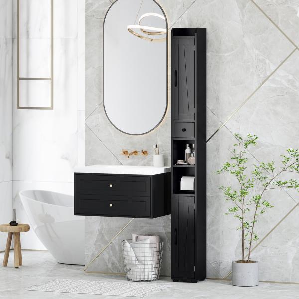 Coluna Casa de Banho com Compartimento Aberto Prateleiras Ajustáveis e Suporte para Papel Higiênico 20x20x185 cm Preto