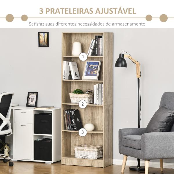 Estante para Livros de 5 Níveis com Prateleira Ajustável e Desenho Anti - Tombo Estante de Armazenamento 63x29,5x176 cm Madeira